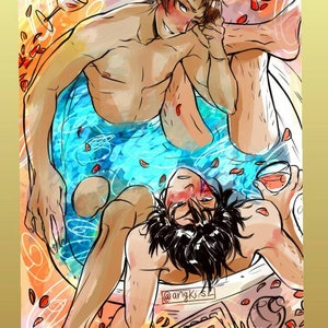 May include: Two people are relaxing in a blue bathtub filled with water and rose petals. The person in the foreground is holding a glass of wine. The person in the background is smiling and has their arm around the other person. The text "@angki.s" is visible in the lower right corner of the image.