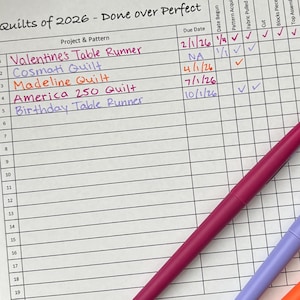 Afdrukbare quilttracker - quilts uit 2026 - klaar over perfect - digitale download - projectplanner - quilter - crafty - quiltorganisatie