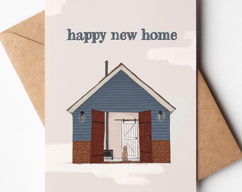 "Happy new home" greeting card. Moving. Building a house. Buying a house. Cabin. Swedish. Dog. Wooden house. Apartment. Home. Moving in. Construction site.