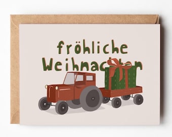 Greeting card "Tractor Christmas" . Tractor . Agriculture . Village child . Merry . Village . Farm . Farmer . Hand-painted . Envelope