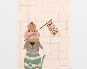 Postcard *Hurray* . Dog . Chicken . Animal love . Birthday . Celebration . School enrollment . Graduation . Birth . Children's birthday . Party . Invitation