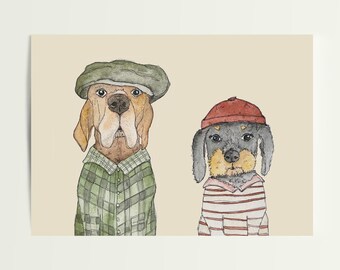 Postcard "Dog Friends" . Dog . Dachshund . Viszla . Nordic . Harbor . Scotland . Hat . Friendship . Odd Couple . Portrait