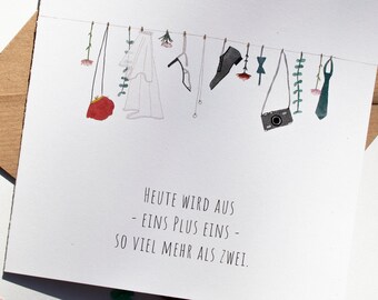 Wedding card "Clothesline" . Wedding. Engagement. Celebration. Love. Bride and groom. Fly. Kravatte . Veil. Eucalyptus. one plus one