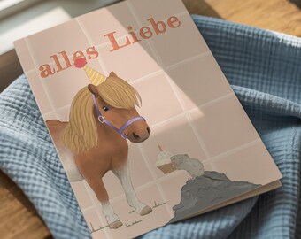 Greeting card "Pony and Mouse" . Happy birthday . Horse . Shetland pony . Muffin . Children's birthday . Horse lover . Horse girl