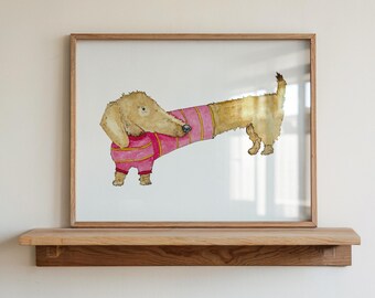Art print "Baby Dachshund" A4. The little watercolor dachshund is wearing a cozy, cute pink sweater.