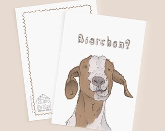 Postcard *Fancy a beer?* . Goat . Invitation . Food . Beer . Drinks . Summer . Garden party . Animals . Funny . Bar . Counter