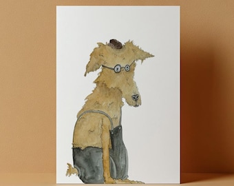 Art print "Clever dog with hat". Dog lover. Dog love. Cowboy hat. Glasses. Overalls.