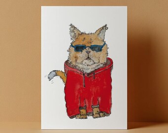 Art print "cool cat". A red cat wearing a hoodie and sunglasses is definitely a cool cat. A5 print.