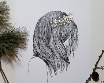 Art Print "Golden Crown." Gold. Leaf Metal. Line Art. Boho. Hygge. Strong women.