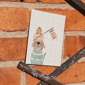 Postal *Hurra*. Perro . Pollo . Amor por los animales. Cumpleaños . Celebración. Inscripción. Diplomado. nacimiento. Cumpleaños de niños. fiesta. Invitación