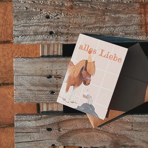 Grußkarte "Pony und Maus" . Alles Liebe . Geburtstag . Pferd . Shetland Pony . Muffin . Kindergeburtstag . Pferdefreund . Pferdemädchen