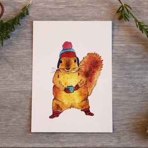 Postkarte "Eichhörnchen" . Winter . Herbst . niedlich . Wasserfarben . Tasse . Handschuhe . kalt . Weihnachten