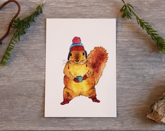 Postcard "Squirrel" . Winter. Autumn. cute. Watercolors. Cup. Gloves. cold. Christmas