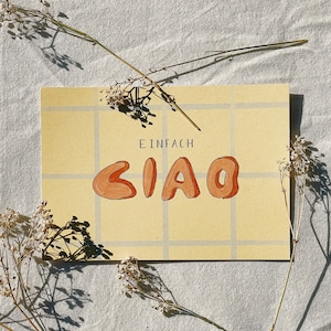 Carte postale « simplement ciao ». Malchance. Accident. Réponse. Proverbe. Lettrage. Au revoir. Au revoir. Exclamation. Rétro.