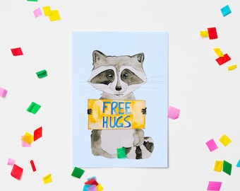 Postkarte "Free Hugs" . Waschbär . Racoon . Wasserfarben . Umarmung . Nur mal so . Tiermotiv . niedlich . Lettering . klimaneutral