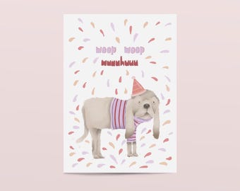 Postcard "woop woop" . Party . Dog . Birthday . Celebrate . Celebration . Comfetti . Pink . Purple . Cute. Party hat . Birthday hat