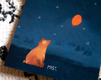 Postcard "Crap" . Balloon. Bear. Night sky. Forest. went wrong. How stupid . sad. funny. cute.