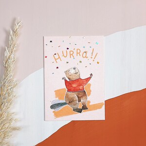 Cartão postal "Viva". Castor. Confete. Parabéns. Aniversário. Volta às aulas. Grávida. Bebê. Crianças. Aniversário infantil. Motivo animal.