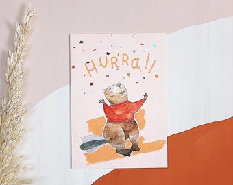 Postcard "Hurrah" . Beaver. Confetti. Congratulations. Birthday. Start of school . pregnant. Baby. Children. Birthday. Animal motif .