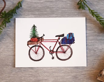 Christmas postcard "Bicycle" . Cycling. Christmas. Fir tree. Watercolors. Gift. cute. sporty. environmentally friendly