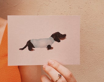 Postcard "Dachshund in a sweater" . Dachshund love . Dachshund view . Dog. Dog man . Animals in clothing . cute. sweet pink . Rabbit Dachshund