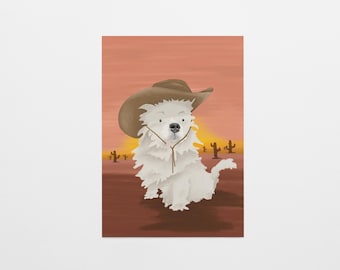 Art print "tiny cowboy" . Cowgirl . Cowboy hat . Lasso . Chihuahua . Small dog . Adventure . Cactus . Sun . Sunset