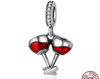 Red Wine Glasses 925 Sterling Silver Pandora Fit Charm