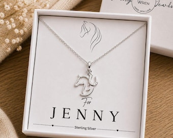 Sterling Silver Horse & Horseshoe Necklace – Personalised Name Jewellery Gift for Women and Children
