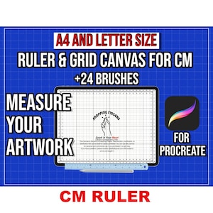 Regla y lienzo de cuadrícula de Procreate en tamaños A4 y Carta con 24 pinceles para medidas en centímetros. Use Procreate en un iPad o iPhone.