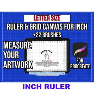 Regla y lienzo de cuadrícula Procreate tamaño carta en pulgadas con 22 pinceles de alta calidad para proyectos profesionales de ilustración y diseño.