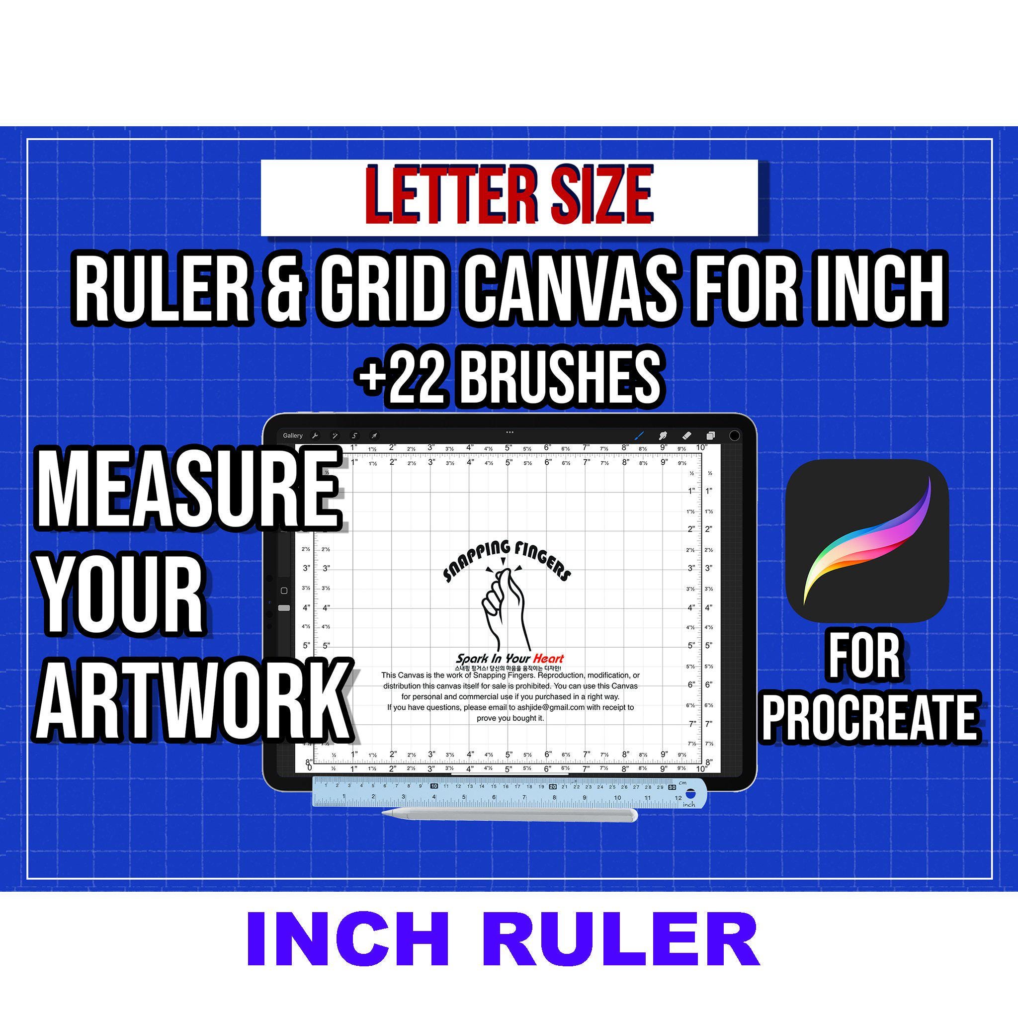 Regla y lienzo con cuadrícula en pulgadas para Procreate tamaño Letter con 22 pinceles pro