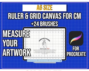 May include: A digital art product for Procreate, featuring a ruler and grid canvas for centimeters, with +24 brushes. The image includes the text "Measure Your Artwork" and "CM Ruler". The product is designed for A6 size.