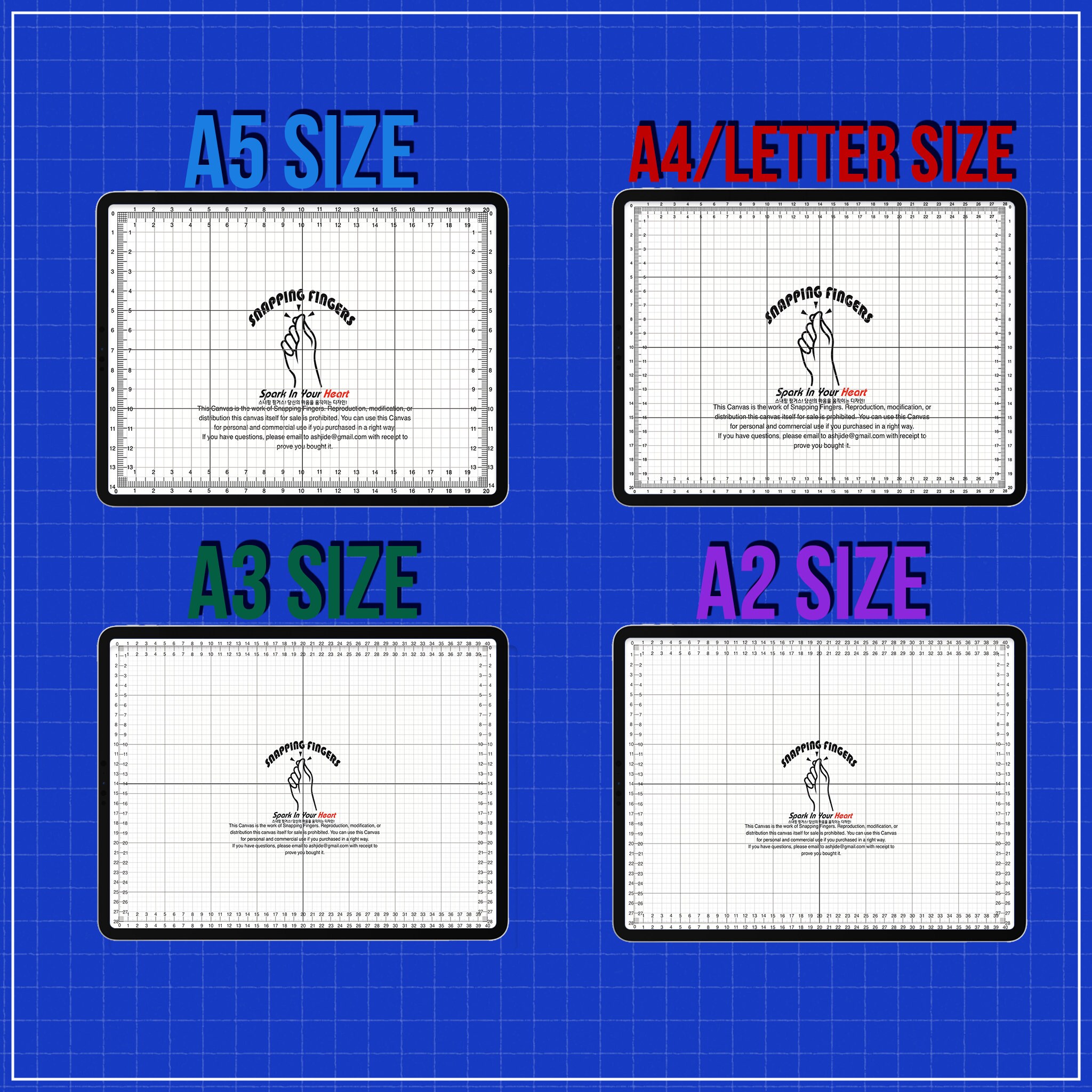 Bundle Set of A5, A4, A3, A2 and Letter Sizes Procreate Rulers & Grid