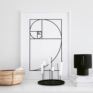 Gulden snede, minimalistische poster, zeer fijne tekeningen, Fibonacci, Scandinavische print, geometrische poster, moderne muurkunst, zwart-wit, Scandinavische print