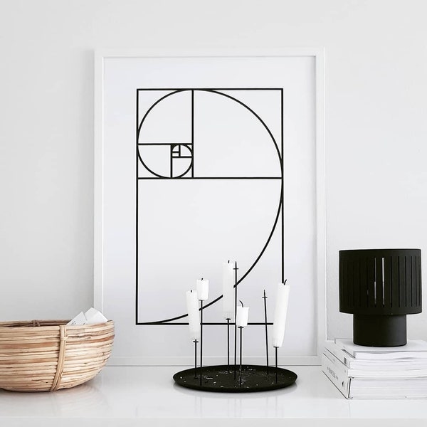 Goldener Schnitt, Line Art, Linienkunst, Fibonacci, Minimalismus, Geometrik Poster, Moderne Wandkunst, Schwarz-Weiß Druck