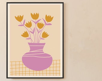 Pink Yellow Art, Flower Art, Summer Wall Art, Living Room Wall Art, Nordic Wall Art, Bright Wall Art, Scandi Decor, Scandi Print