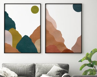 Set of 2 Prints, Abstract Mountain Poster, Scandinavian Print, Minimalist Print, Landscape Print Set, Rolling Hills Art, 2 Piece Print