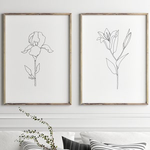 Juego de 2 grabados, Juego de impresión botánico, Estampado botánico, Arte de pared floral, Arte de línea de flores, Arte de línea minimalista, Arte botánico moderno, Arte de línea
