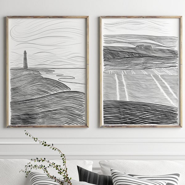 Set of 2 Prints, Landscape Wall Art, Line Drawing, Minimalistic Art, Nature Poster, Denmark Art, Poster Set, Line Art Print, Print Set