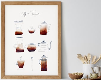 Coffee Time Poster, Coffee Kitchen Print, Coffee Illustration, Coffee Lovers Decor, Coffee Bar Sign, Coffee Shop Decor, Cafe Poster