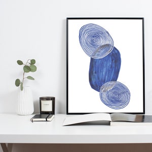 Abstracte Aquarel Poster Cirkels Print Nordic Decor Abstracte Poster Blauwe Vormen Poster Aquarel Kunst aan de muur Koningsblauwe Poster afbeelding 1