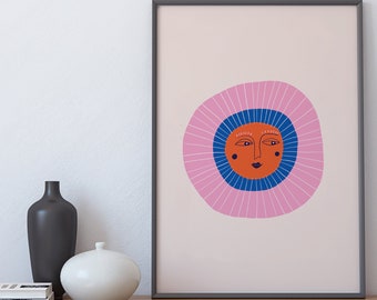 Abstract Sun drawing poster, Boho Wall art, Minimalist Scandinavian artwork, Illustration, Boho Decor, Pink Blue Print, Summer sun