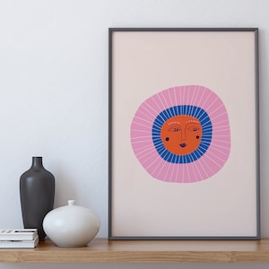 Abstract Sun drawing poster, Boho Wall art, Minimalist Scandinavian artwork, Illustration, Boho Decor, Pink Blue Print, Summer sun