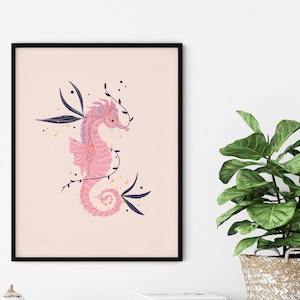 Póster de caballito de mar, Decoración costera, Arte marino, Decoración de habitaciones para niñas, Póster de baño, Póster náutico, Póster boho, Estampado rosa pastel, Arte scandi