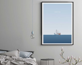 Nordsee Poster, Scandi Print, Minimalismus Poster, Kinderzimmerdeko, Baby Poster, Meer Illustration, Meeres Poster, Boot Poster