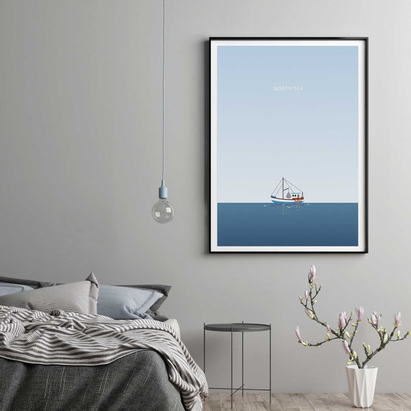 North Sea Poster, Scandinavian Print, Minimalist Print, Nursery Poster, Baby Room Poster, Sea Illustration, Nautical Poster, Ship Print