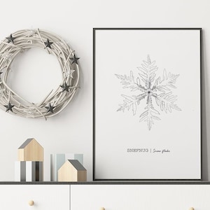 Snowflake Poster, Christmas Poster, Snowflake Art, Holiday Poster, Winter Poster, Snowflake Wall Decor, Minimalist Drawing, Nordic Poster image 1