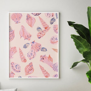 Sea Shell Art, Muschel Poster, Strand Poster, Coastal Design, Muschel Illustration, Sommer Wandposter, Sommer Strand Kunst, Pastell Pink