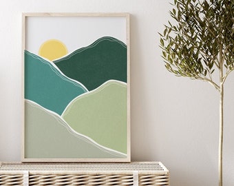 Morning Glory, Green Landscape Art, Scandinavian Poster, Green Illustration, Mountains Art, Boho Sun Print, Abstract Art Poster, Modern Art