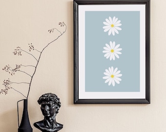 Lucky Bellis, Spring Flowers, Botanical Print, Spring Decorations for home, White Bellis, Poster Blue, Scandinavian Wall Art, Scandi Print